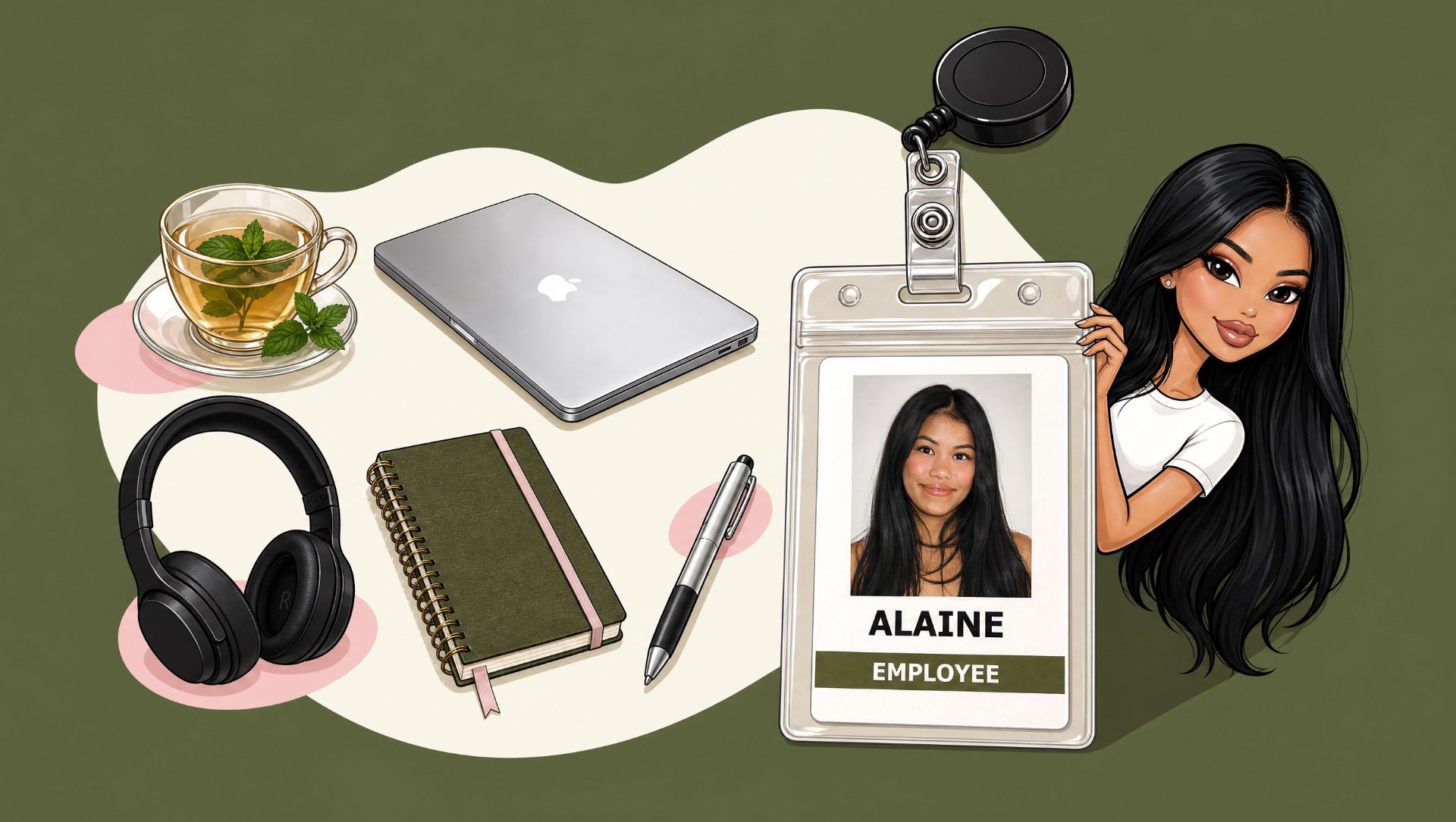 Corporate illustration with laptop, tea, notebook, and employee badge